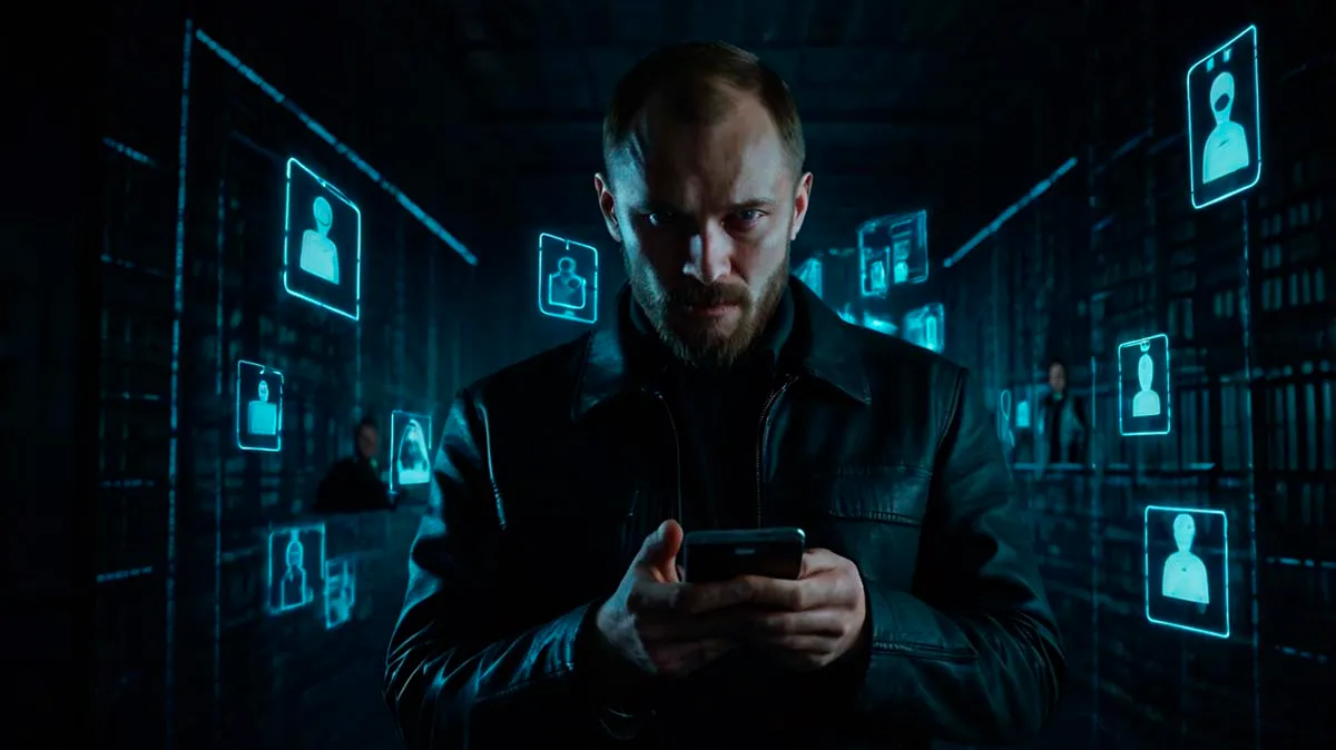 man with smartphone and spyware icons