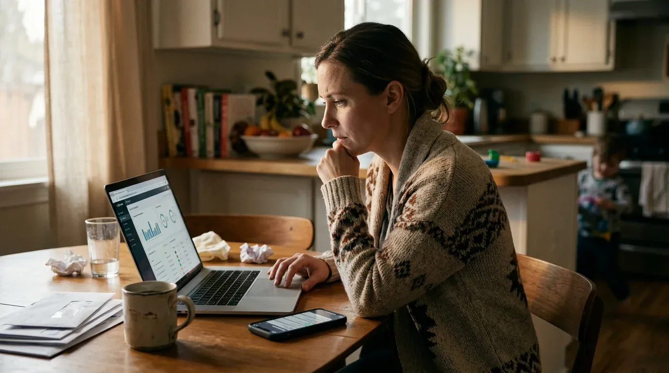 Egy szülő a konyhaasztalnál figyelő vezérlőpultot néz laptopon, mellette telefon fekszik