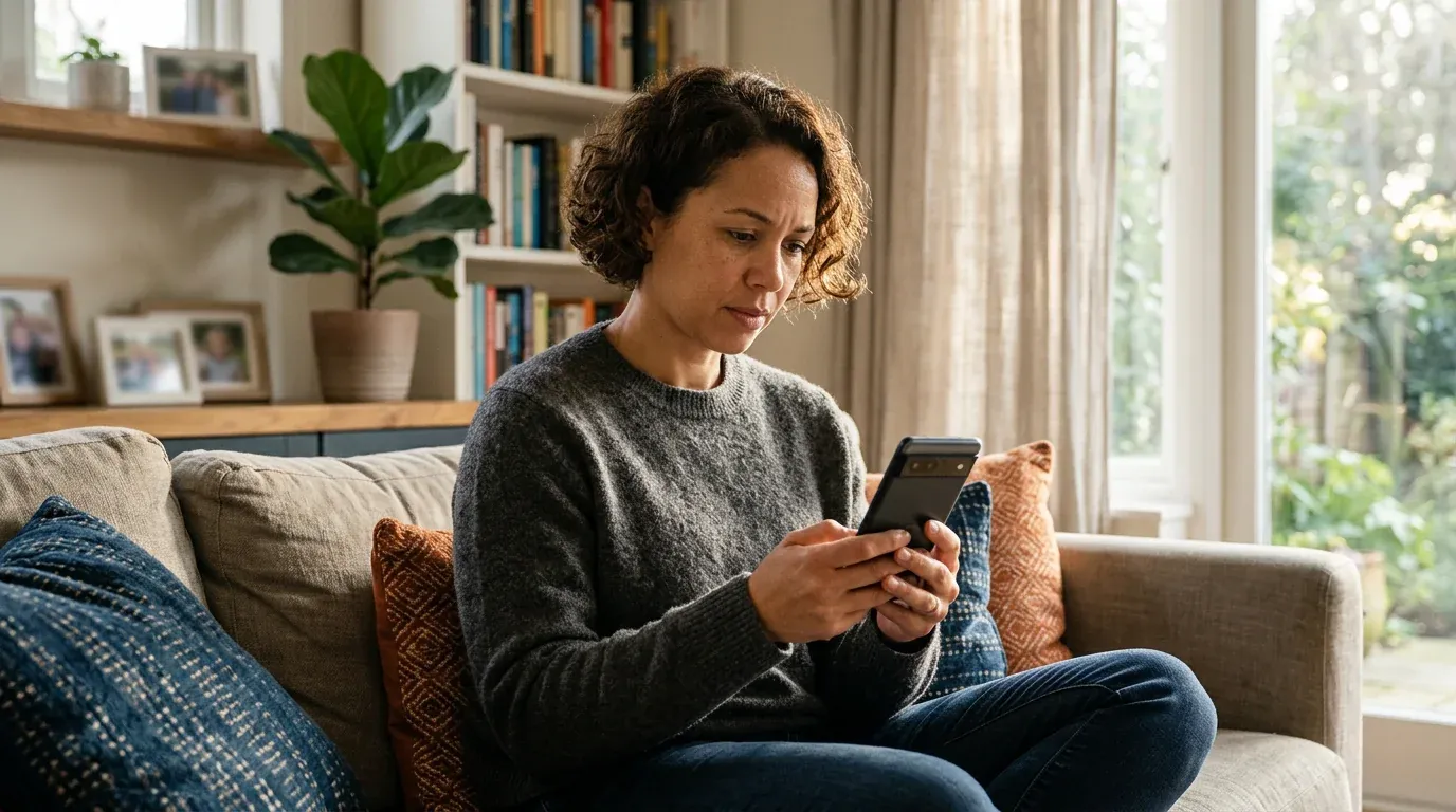 自宅でAndroidスマートフォンを手に取り、落ち着いて確認する保護者