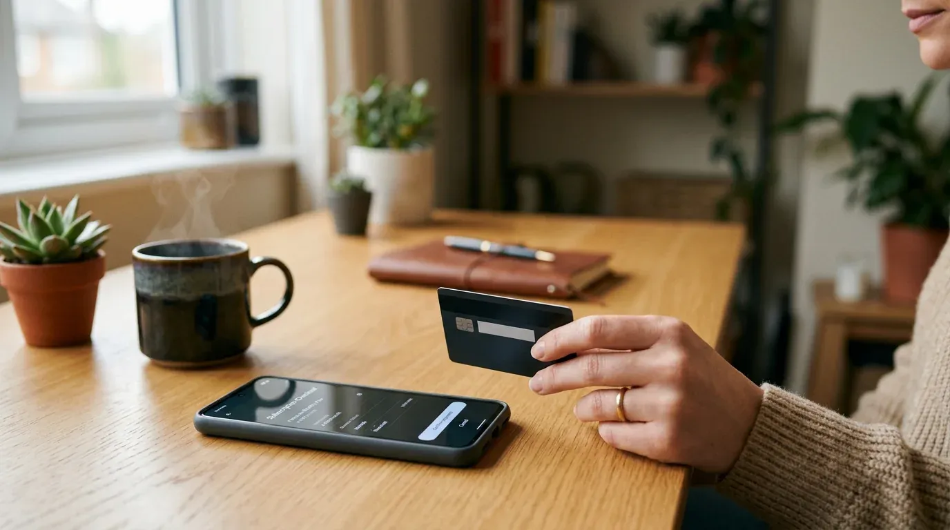 Egy kéz bankkártyát tart egy előfizetési képernyőt mutató telefon mellett