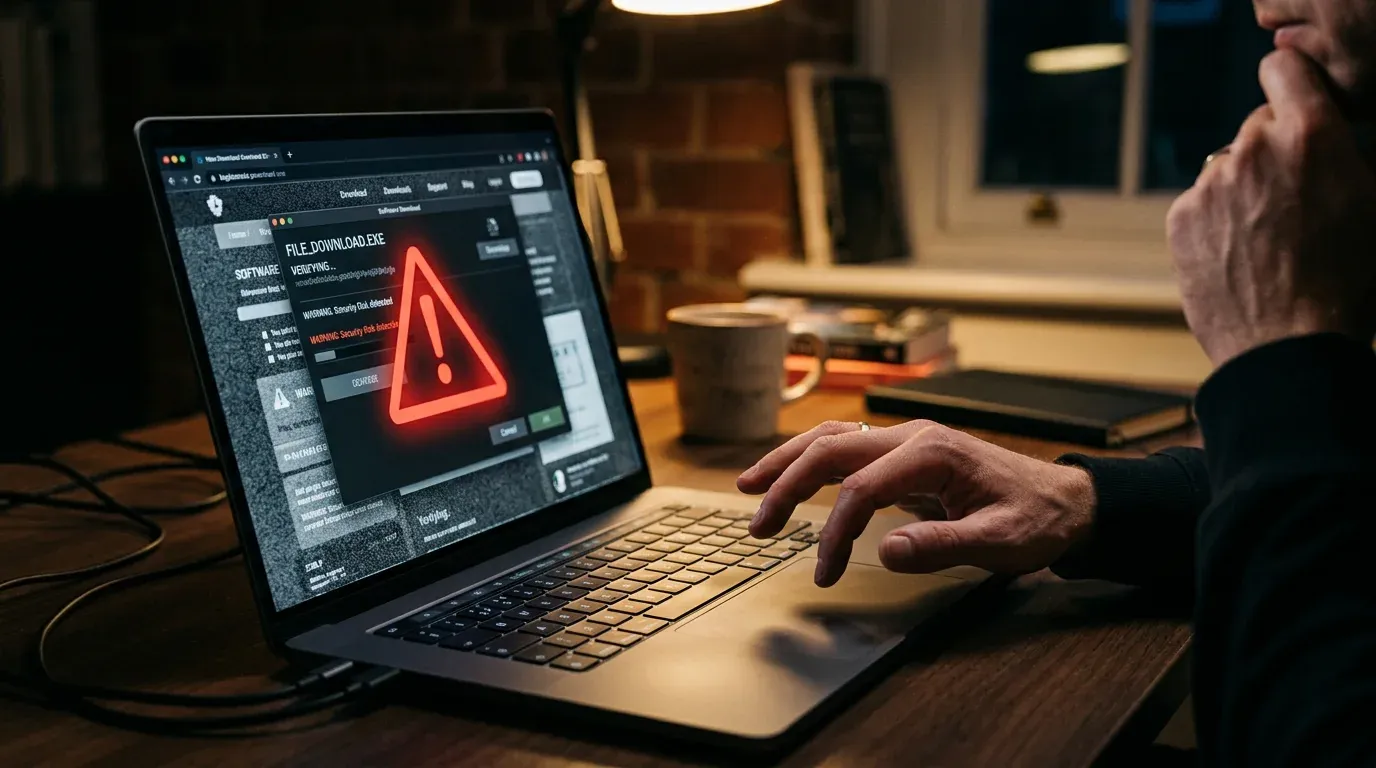 Laptop gyanús letöltésre vagy hamis oldalra vonatkozó figyelmeztetést mutat