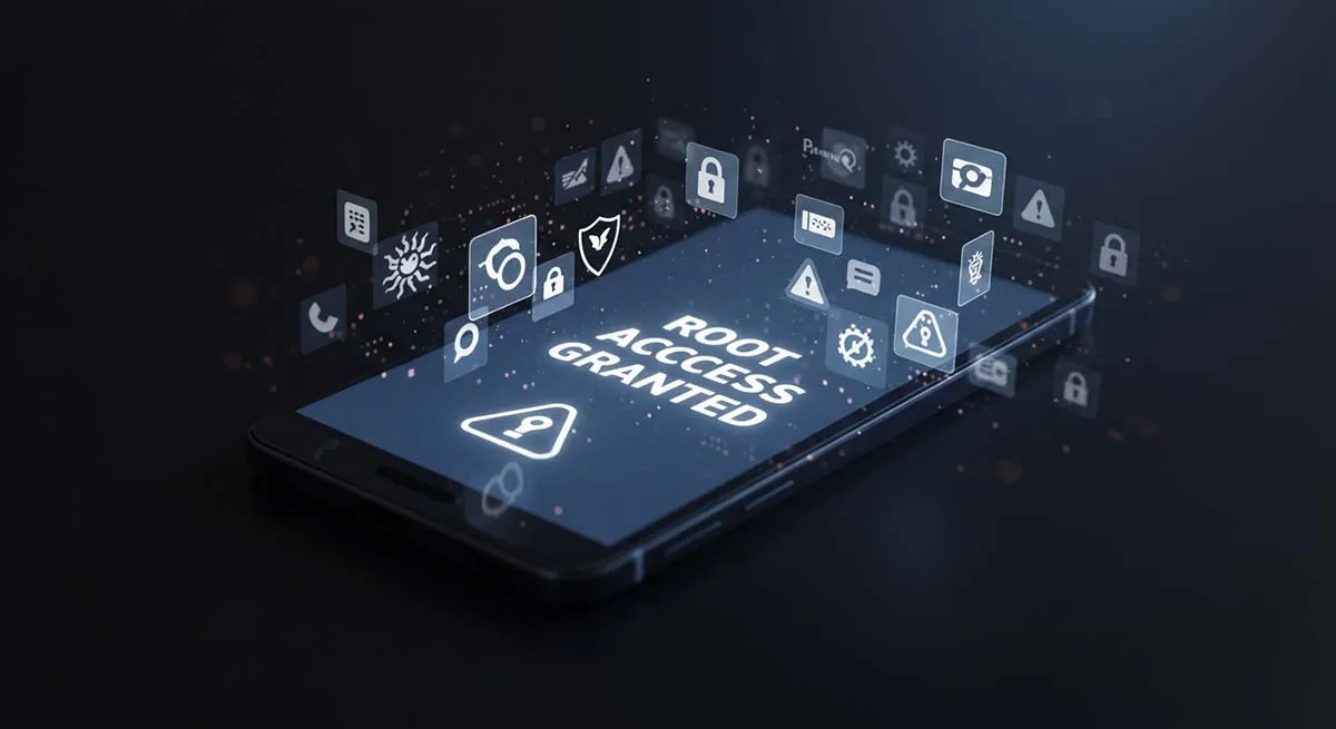 An Android device with visible security breaches and malware warning signs Risks of rooting Android phone 