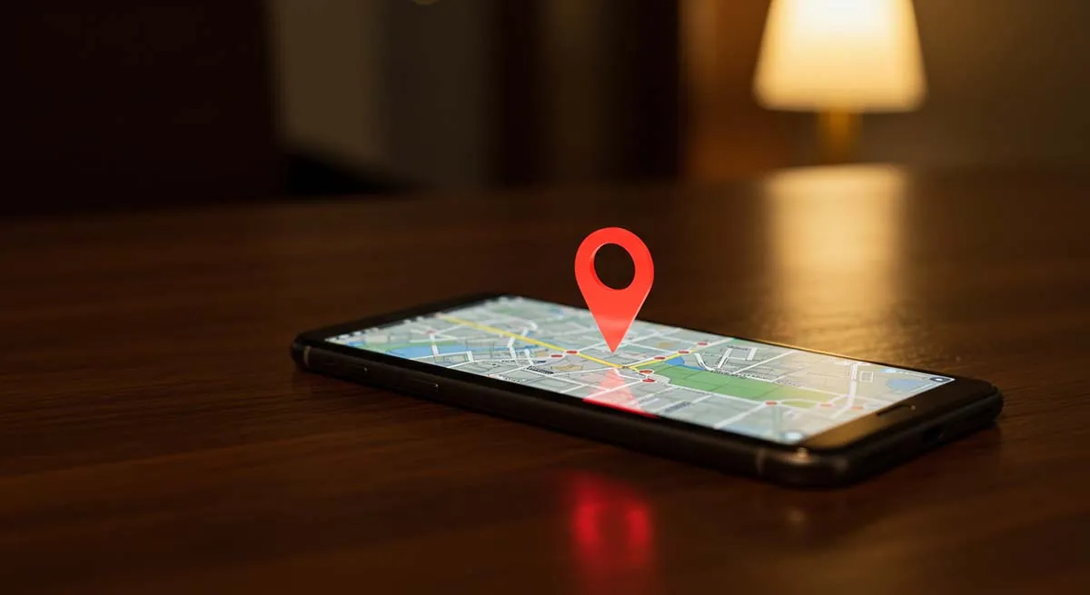 Smartphone map with glowing location pin – GPS Family Tracker