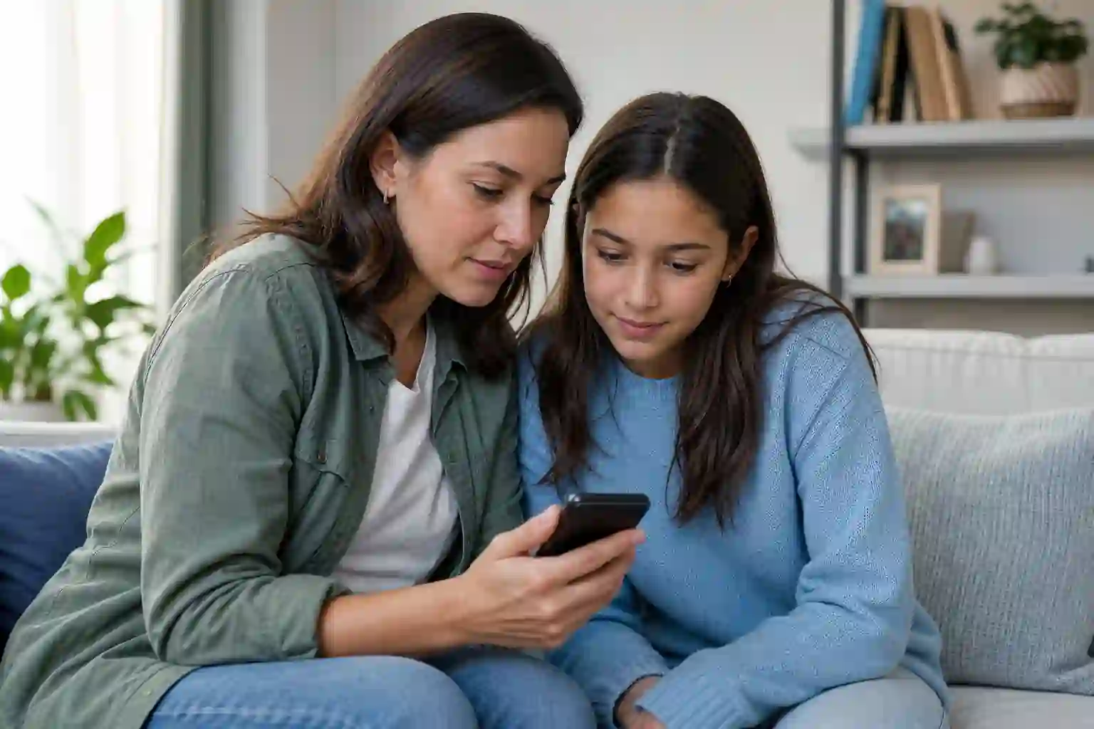 保護者と子どもがスマホとタブレットでペアレンタルコントロールを比較している様子