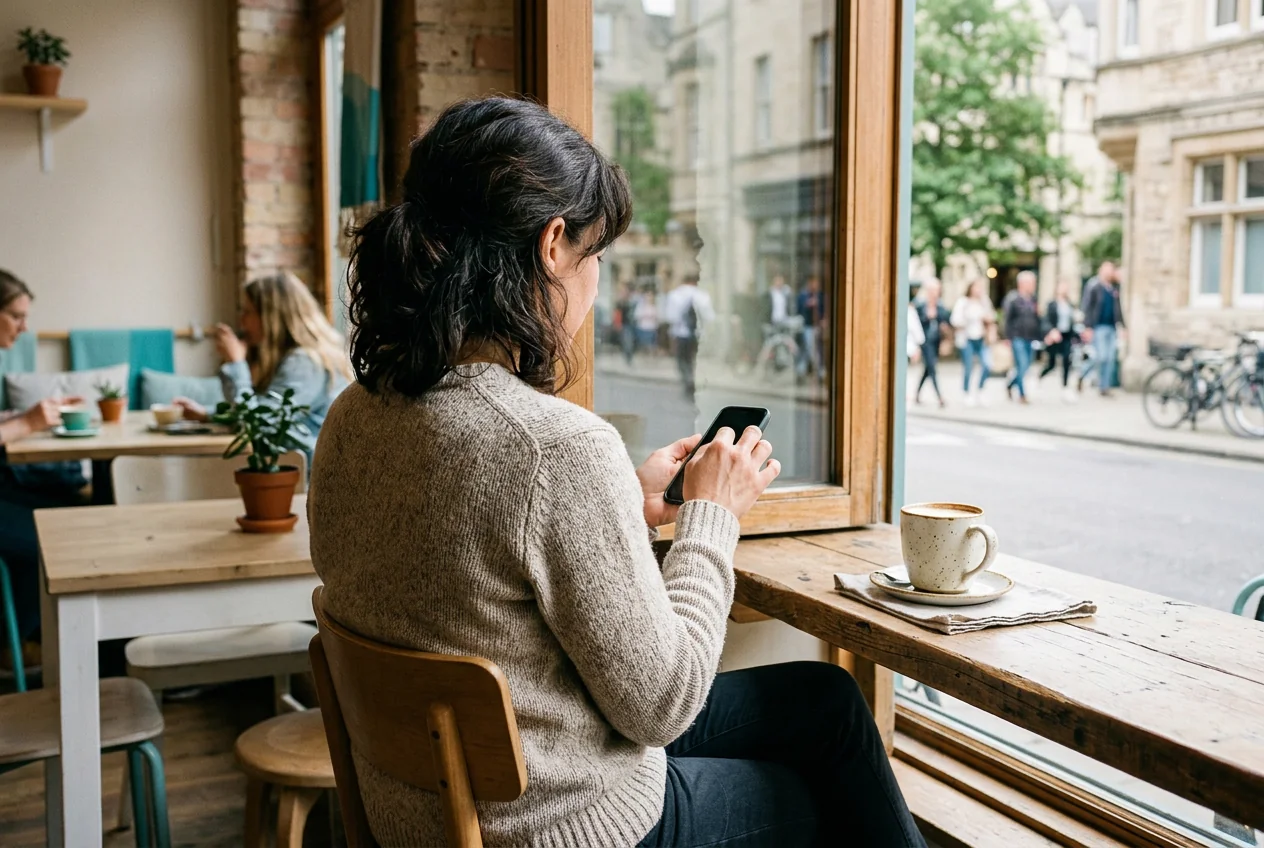 Persona che digita alla finestra di un caffè, una scena quotidiana per rilevare un keylogger su Android
