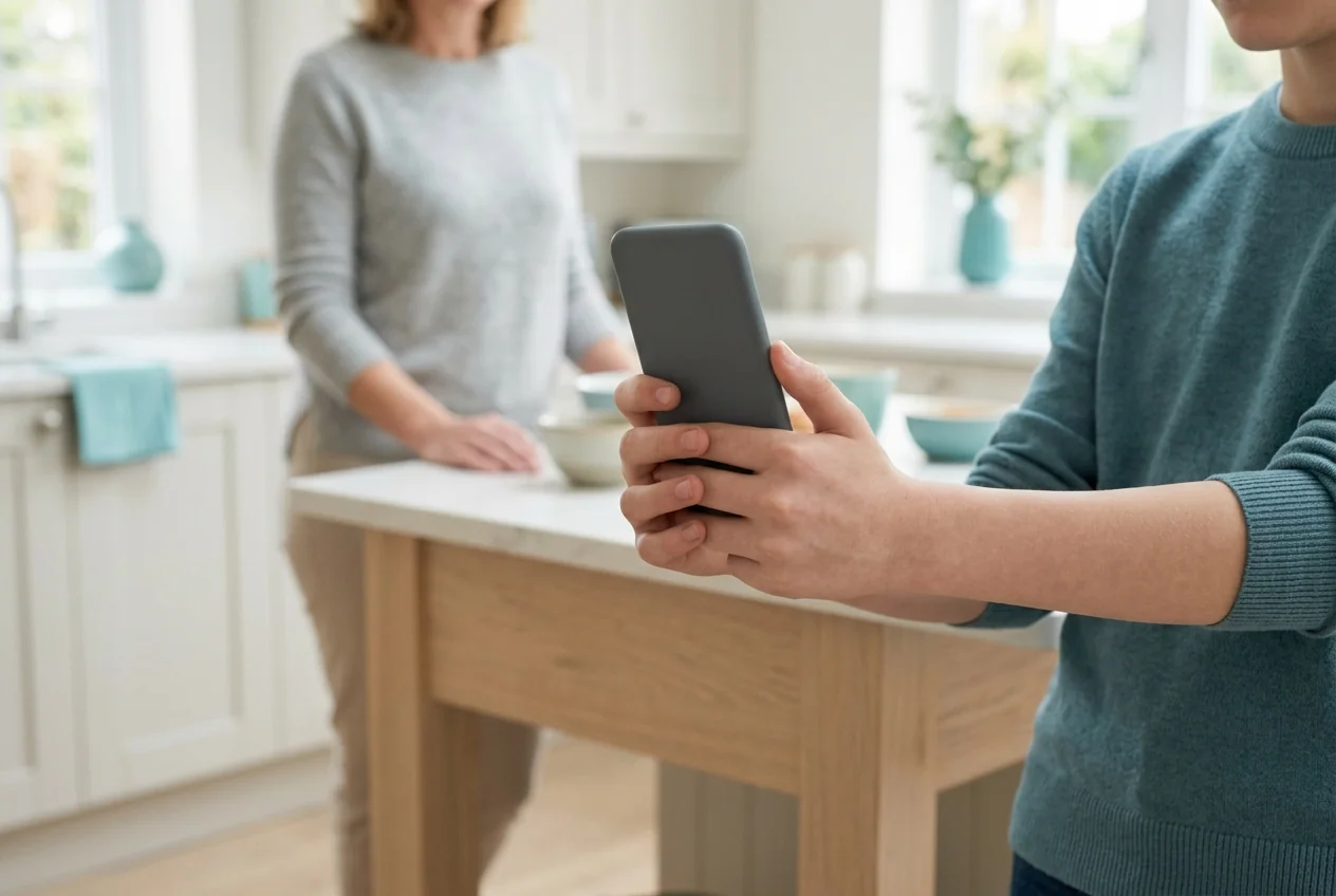 キッチンでスマホを持つ十代の子と、そばにいる保護者：サイバーいじめを防ぐ方法
