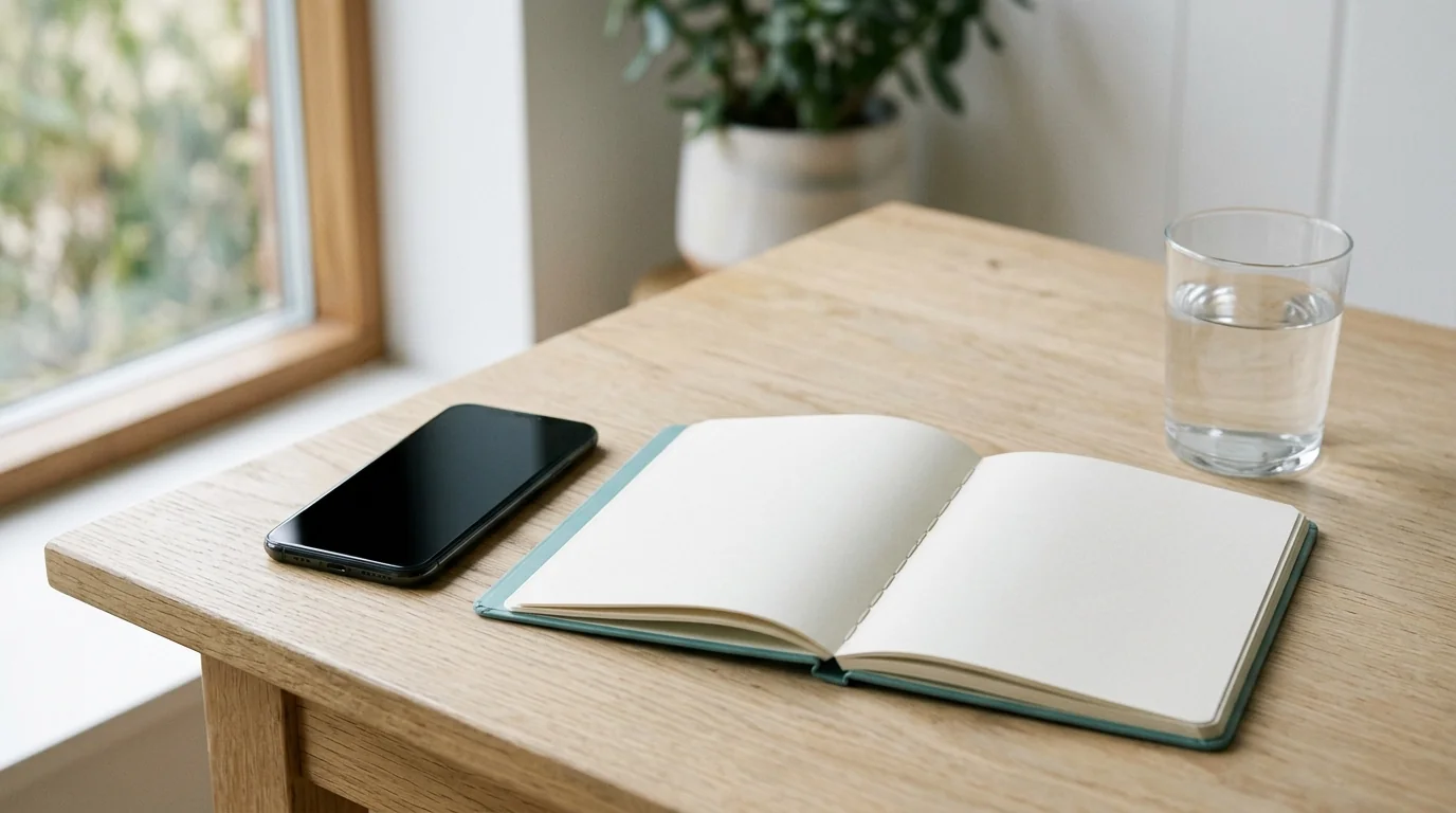 A smartphone with its screen switched off lying on a pale wooden desk next to an empty open notebook and a glass of water