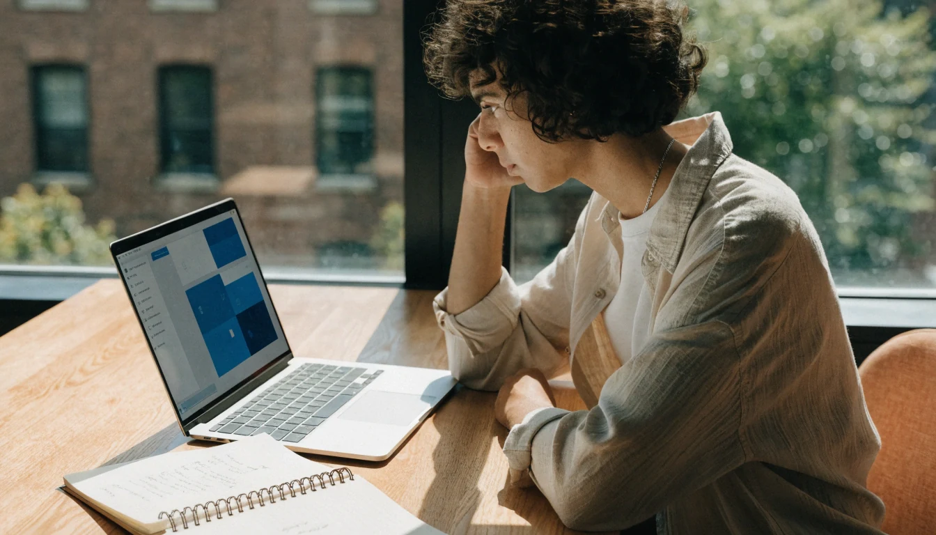 Small-business manager reviewing remote employee monitoring signals on a laptop