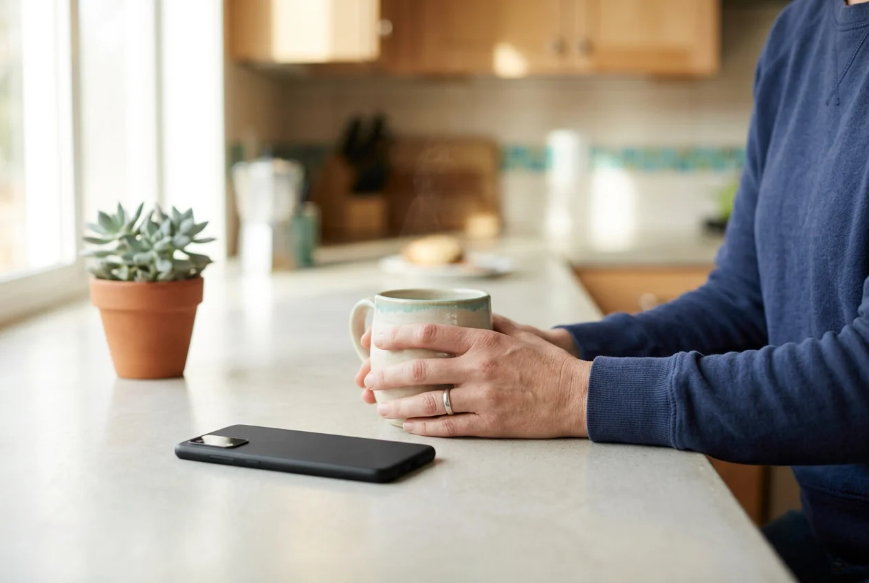 Telefono a faccia in giù accanto a una tazza, un inizio tranquillo per i segnali di un keylogger su Android