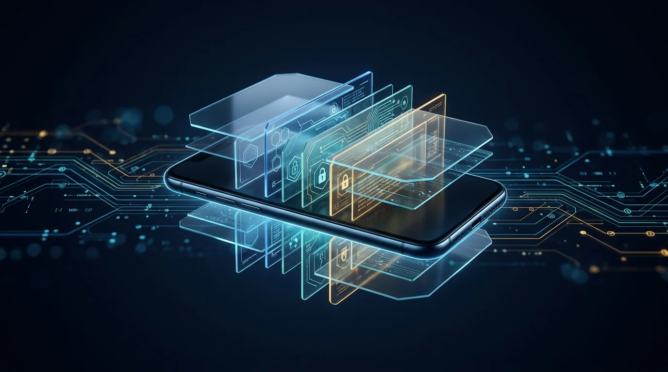Abstracte smartphone met gelaagde privacysignalen