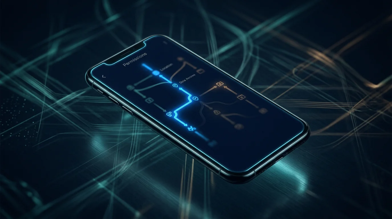 Abstracte smartphone met een geselecteerde rechtenroute