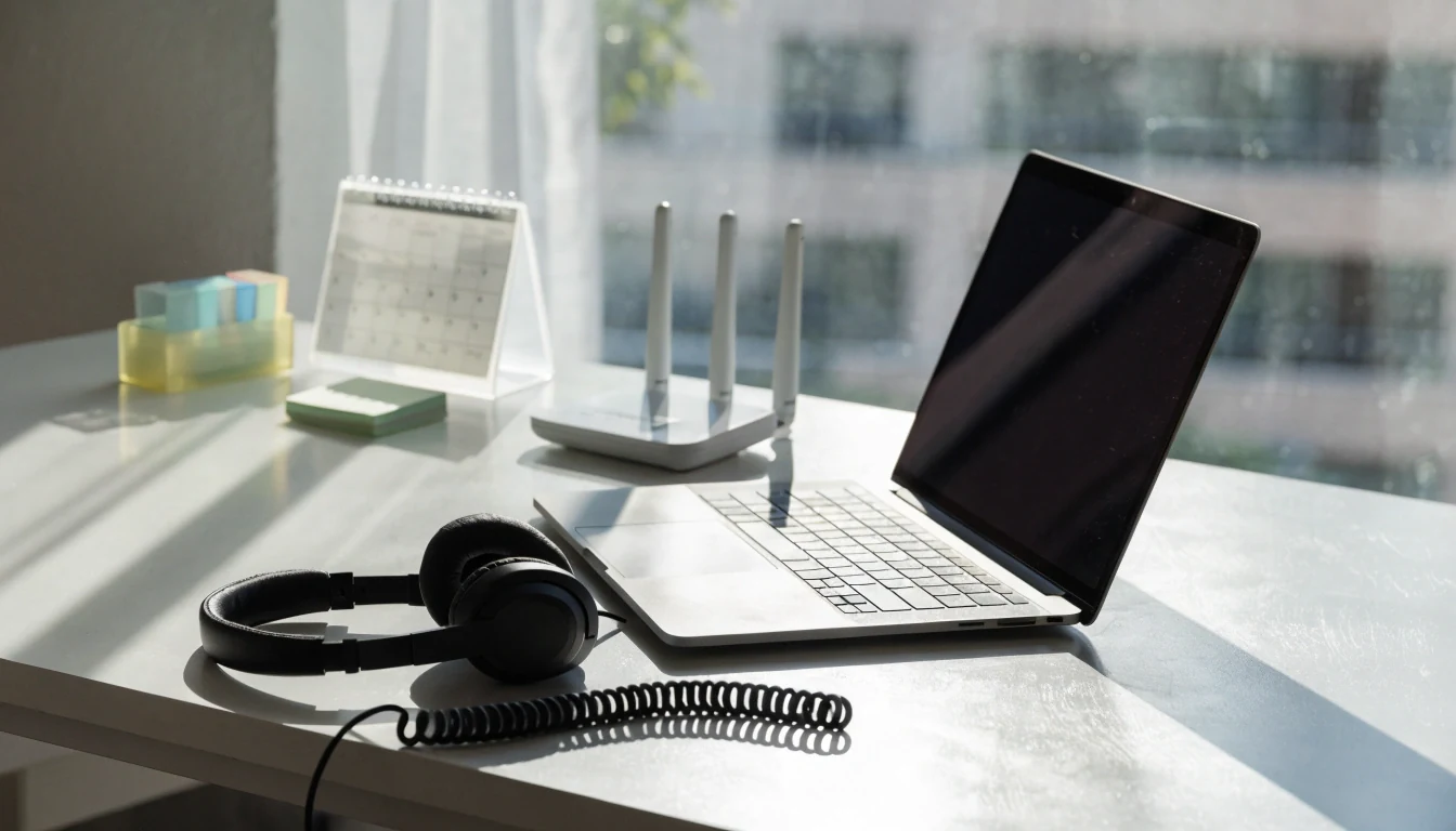 Remote team setup with laptop, headset, router, and work calendar