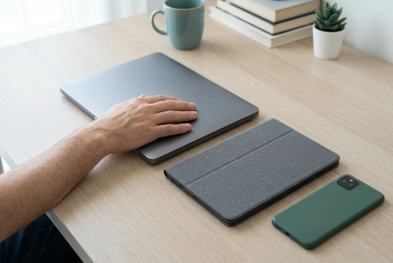 Mano su un portatile accanto a un tablet e a un telefono, dispositivi da controllare per i segnali di monitoraggio su Android