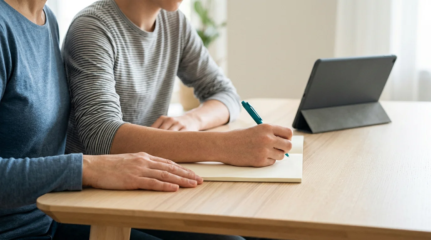 保護者の隣でメモ帳に書く十代の子が、サイバーいじめを防ぐ方法をまとめている
