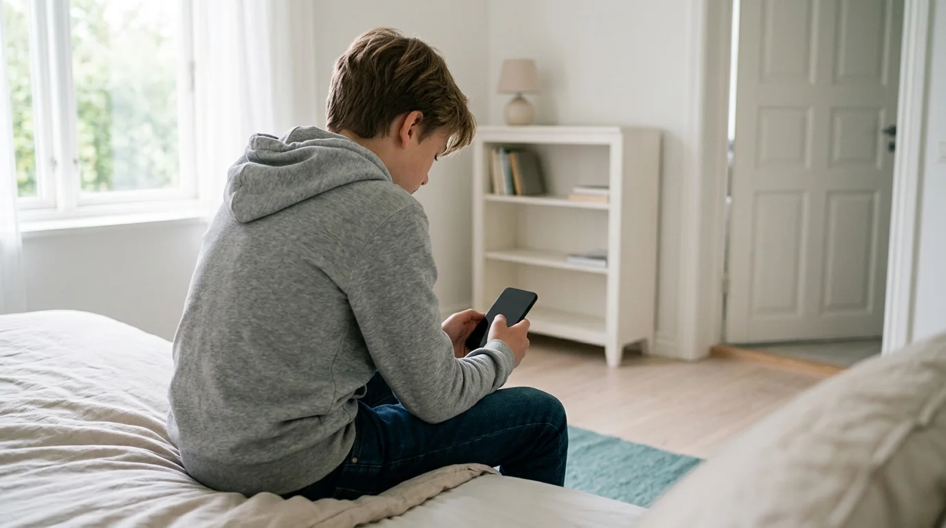 ベッドの端に座ってスマホを見る十代の子：サイバーいじめのサイン
