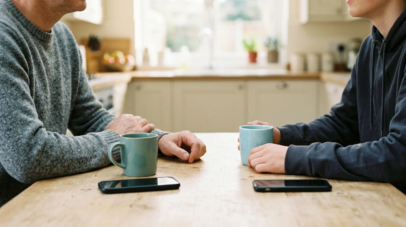 An adult and a teenager talking across a kitchen table, shown from the shoulders down, with two phones on the table