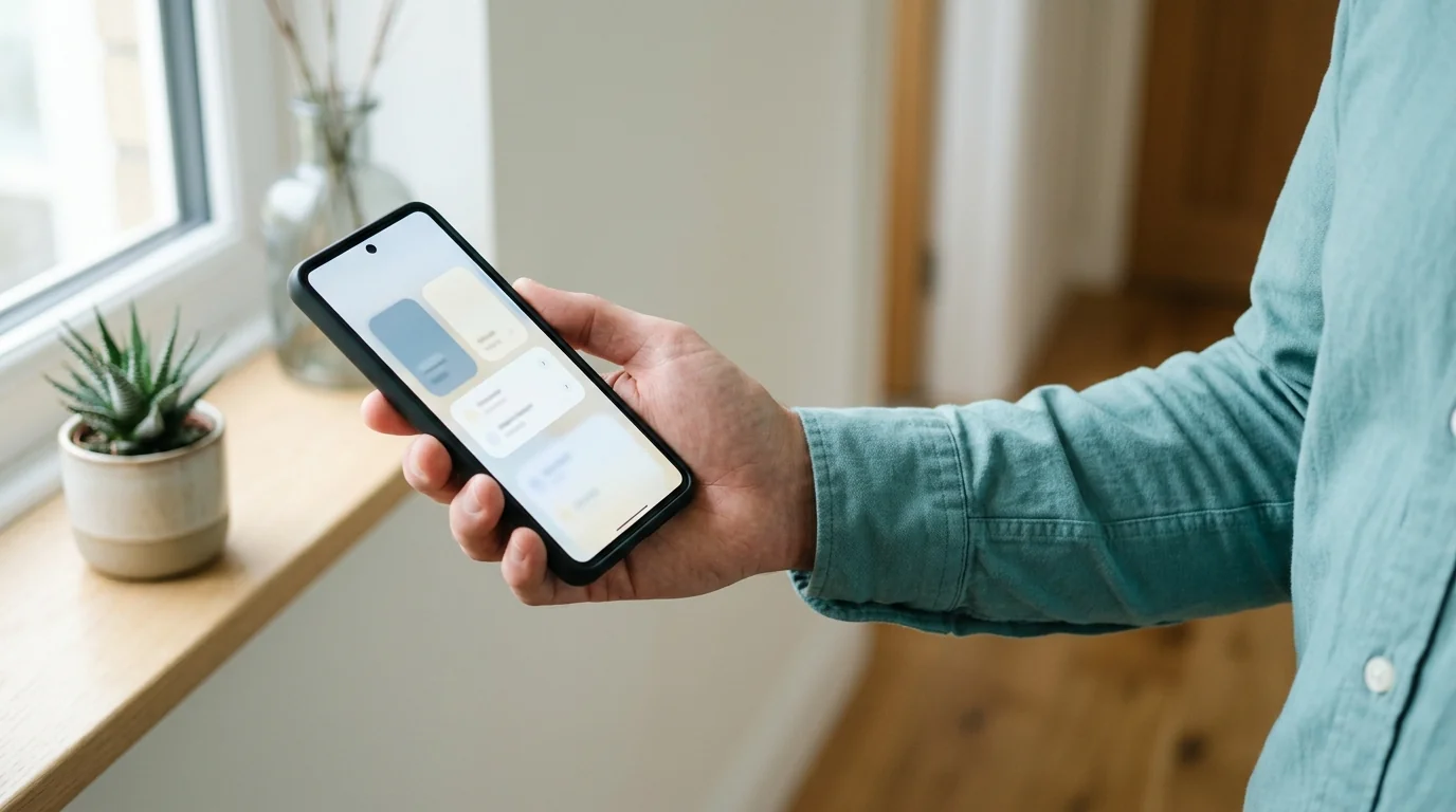 A hand holding a smartphone in front of a bright window, the screen showing soft blurred coloured cards