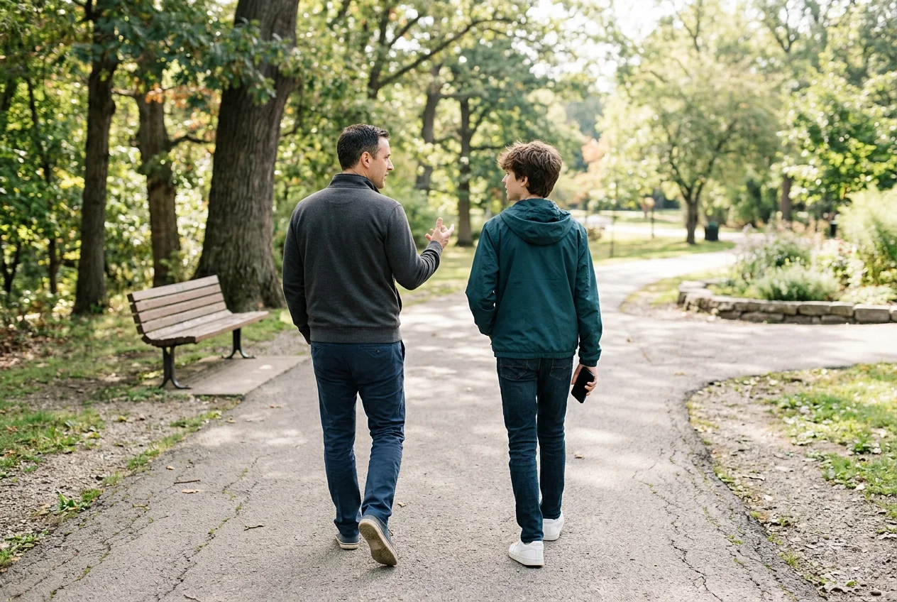 Un părinte și un adolescent merg unul lângă altul pe o alee din parc, văzuți din spate, vorbind