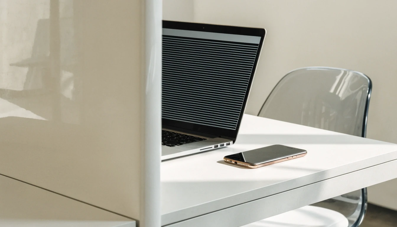 Laptop and smartphone separated by a privacy screen on a bright desk
