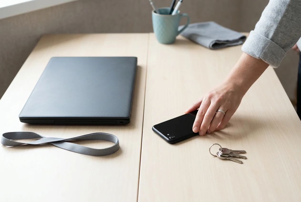 Scrivania con un portatile da lavoro, un cordino, un telefono e le chiavi, un posto dove rilevare i permessi di un keylogger su Android