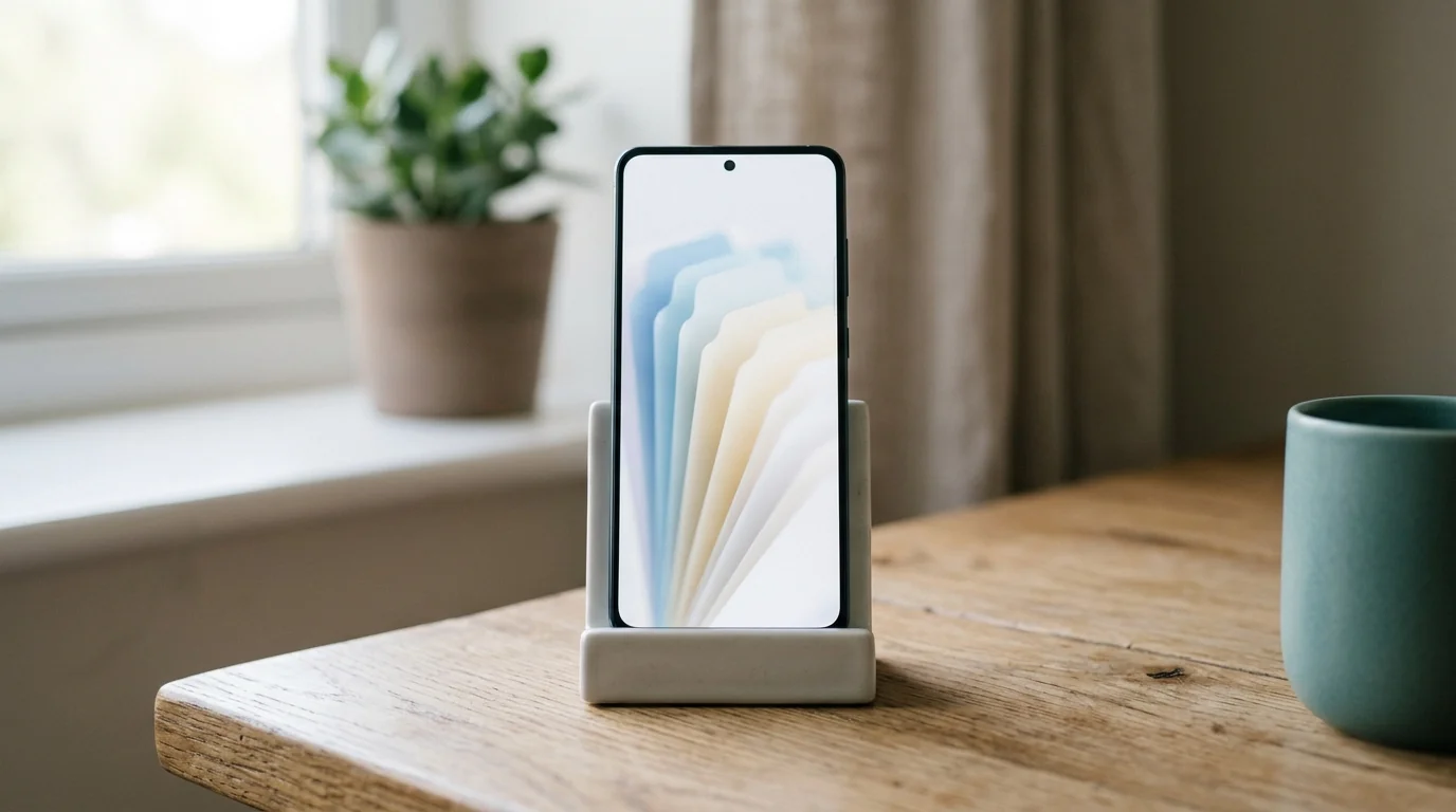 A smartphone standing upright in a small stand on a wooden desk, its screen showing a fanned stack of soft blurred tab cards