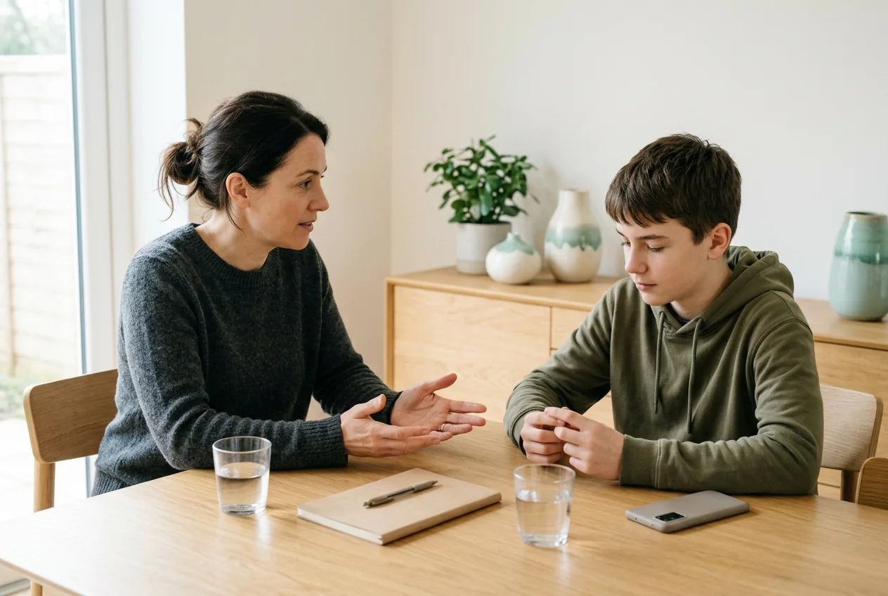 Un părinte și un adolescent vorbesc de o parte și de alta a unei mese de living, cu un caiet închis între ei