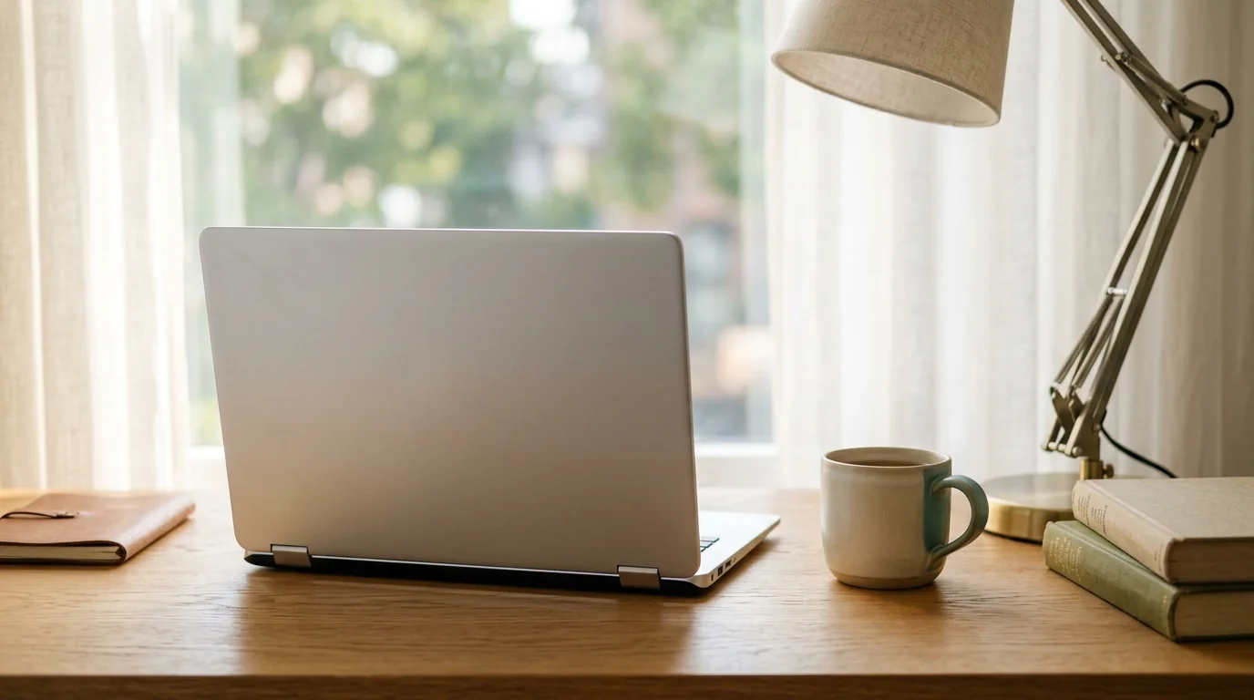 A silver laptop seen from behind on a home desk, its screen turned away from the viewer, beside a mug of tea, a desk lamp and two books
