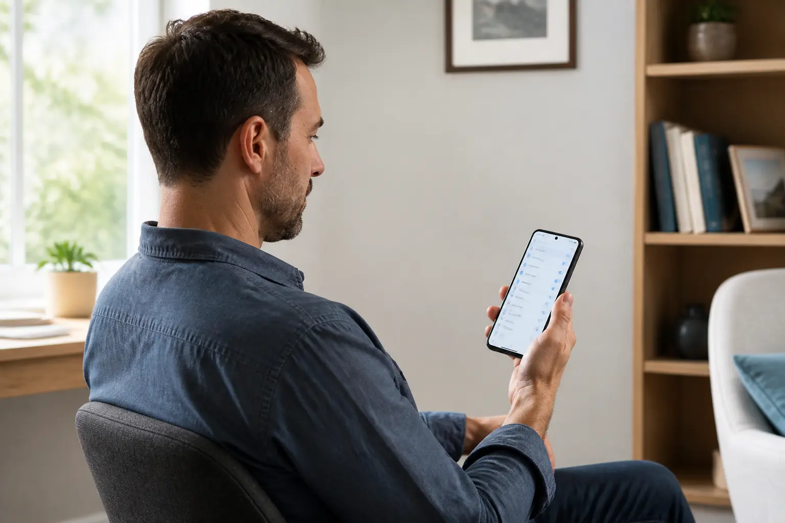 大人がAndroidスマホのプライバシー設定を確認している様子