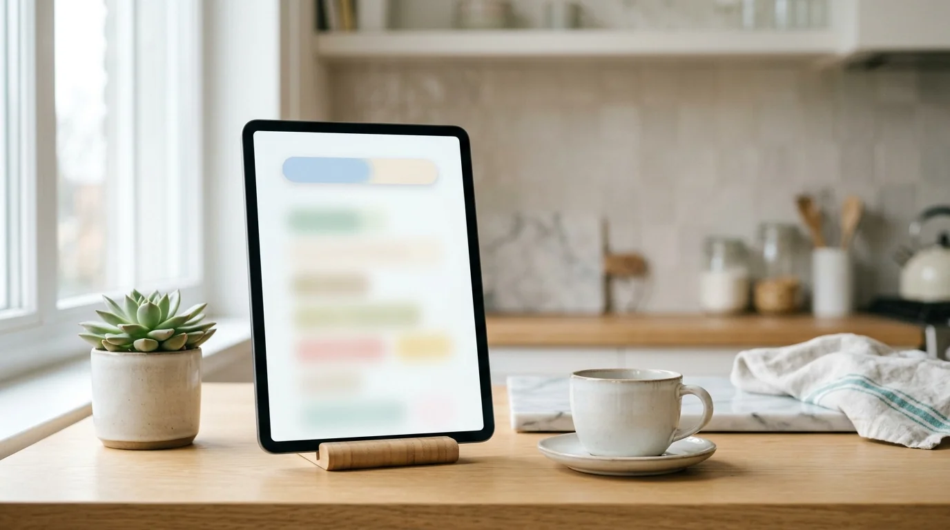 A tablet on a small stand on a bright kitchen counter, its screen showing a blurred rounded bar above soft list rows