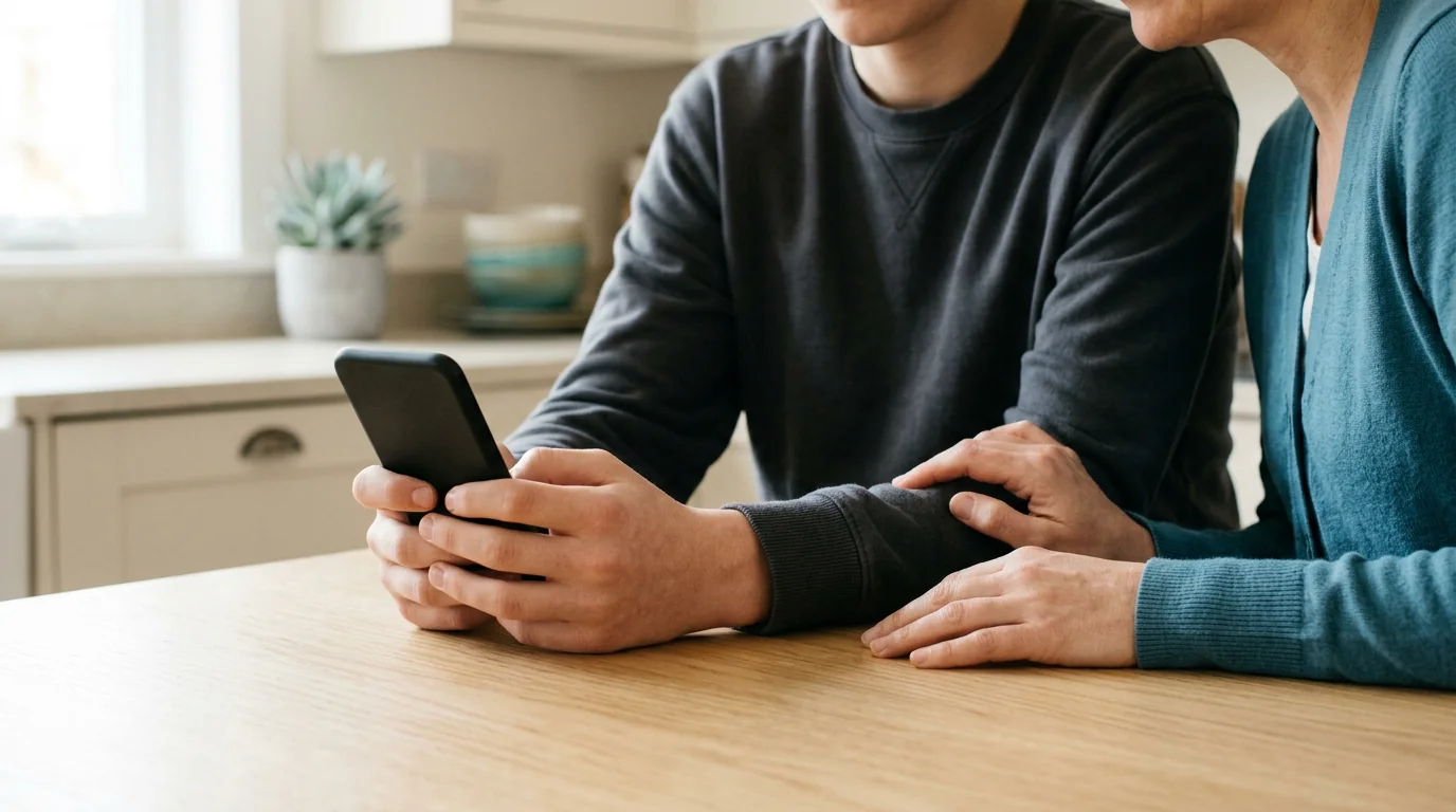 キッチンのテーブルで、保護者とスマホを持つ十代の子がサイバーいじめを止める方法を考えている