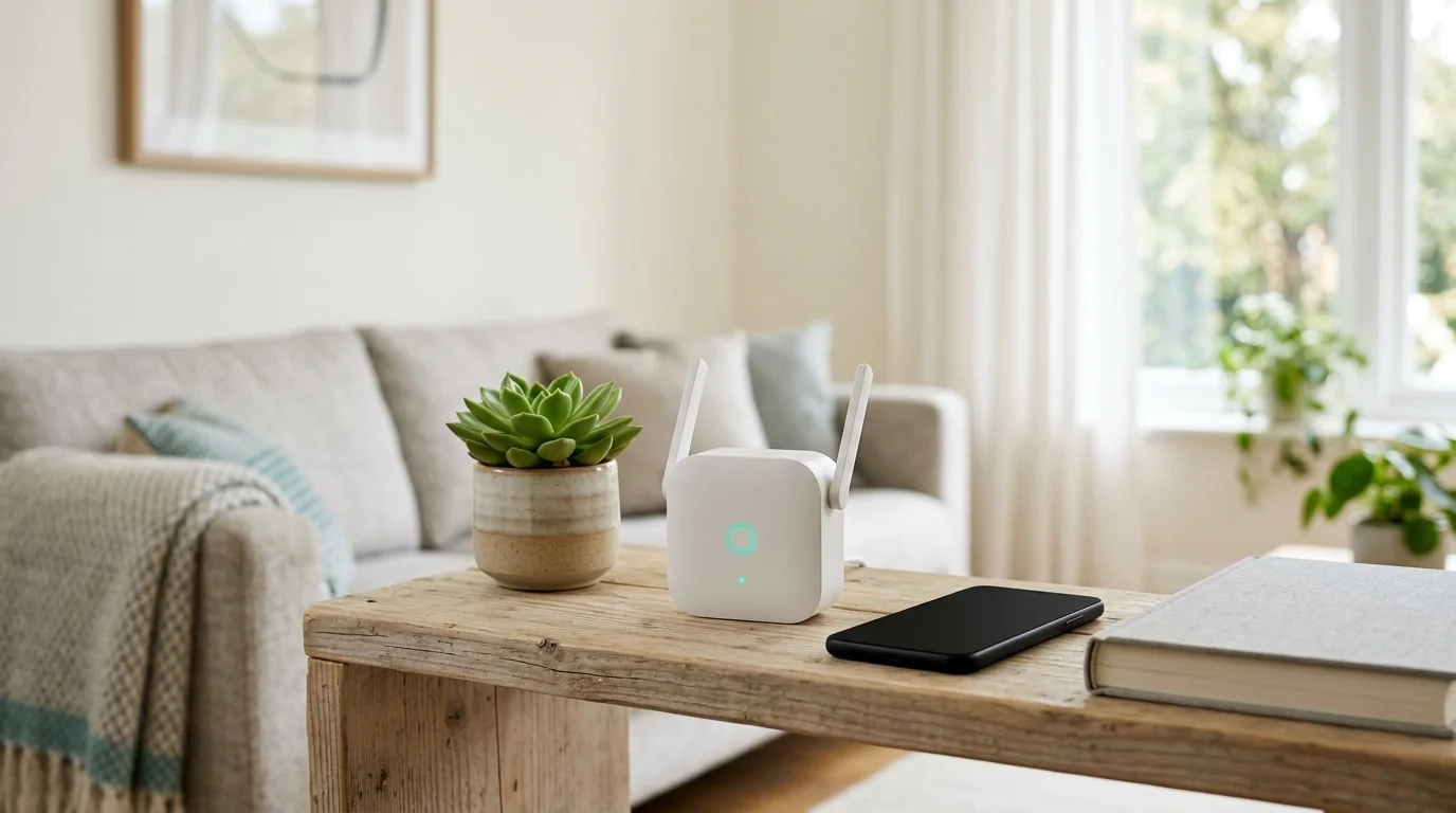 A small white home router with a soft teal light on a wooden shelf in a living room, a phone lying face down beside it