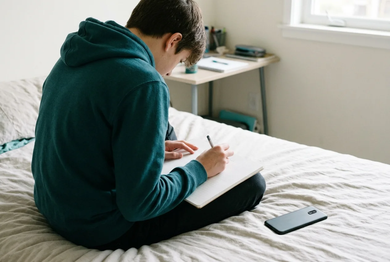 ベッドの上でノートに書き込むティーンエイジャー。Hoverwatchアプリの見つけ方を学んでいる