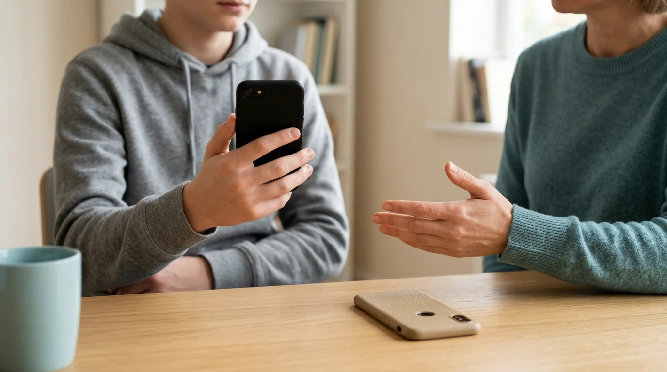 保護者が、スマホを持つ十代の子とサイバーいじめへの対処法について話している