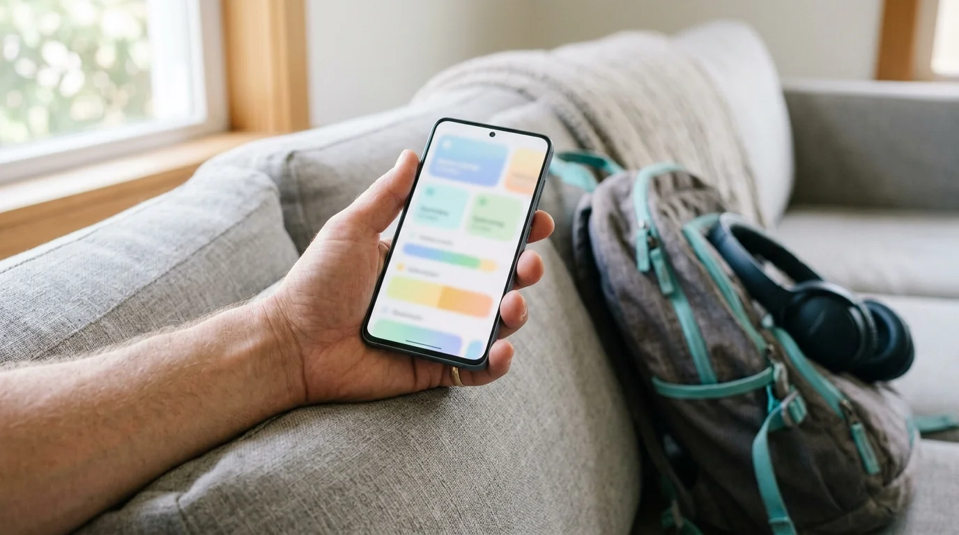 A parent's hand holding a phone with soft blurred cards on the screen beside a teenager's backpack and headphones on a sofa