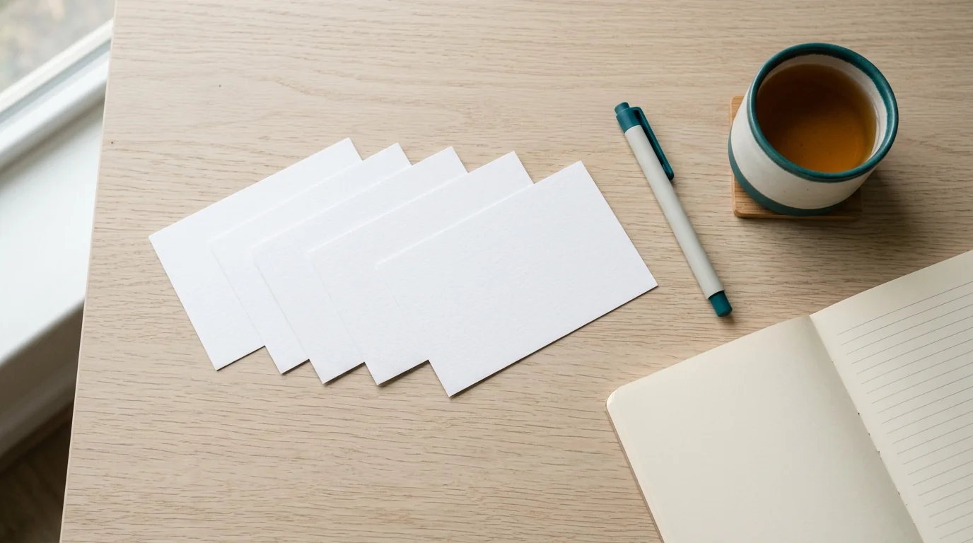 An overhead view of five blank index cards fanned in a row beside a pen, a cup of tea and an empty notebook on a pale desk