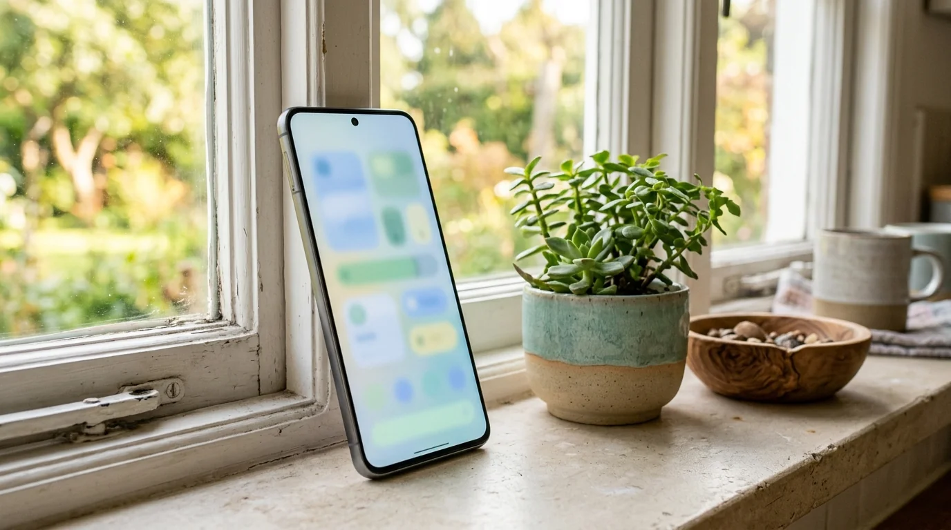 An Android phone resting on a bright kitchen windowsill beside a small plant and a wooden bowl, its screen showing soft blurred coloured cards