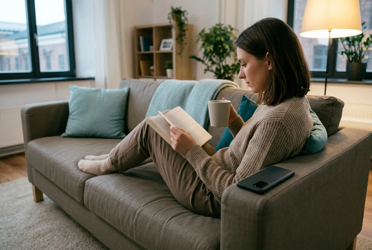 ソファで本を読む従業員。スマートフォンは伏せたまま。BYOD合意書のテンプレートが約束するとおり