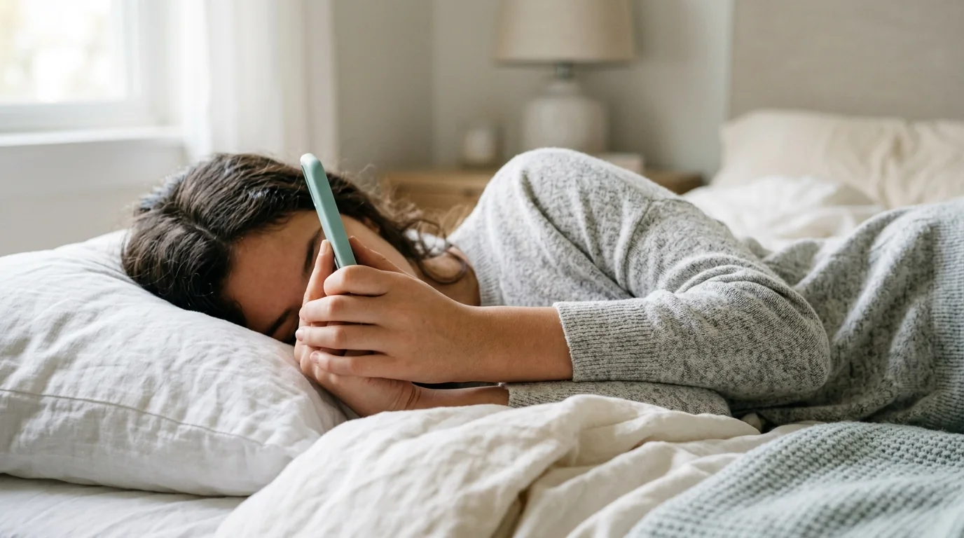 スマホを持ってベッドに横になる十代の子、いじめられているサインが見過ごされやすい場面