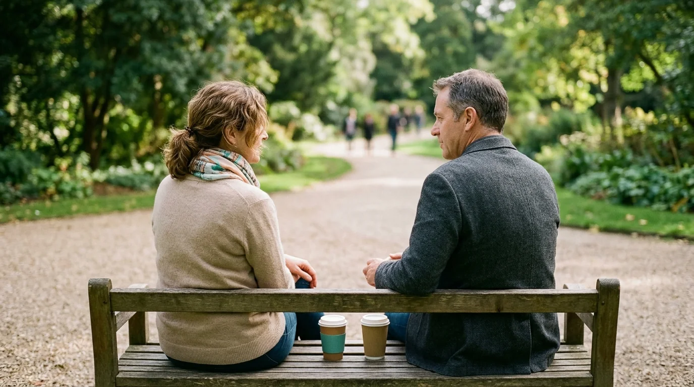 Two adults sitting side by side on a park bench and talking, seen from behind, with two paper cups of coffee between them