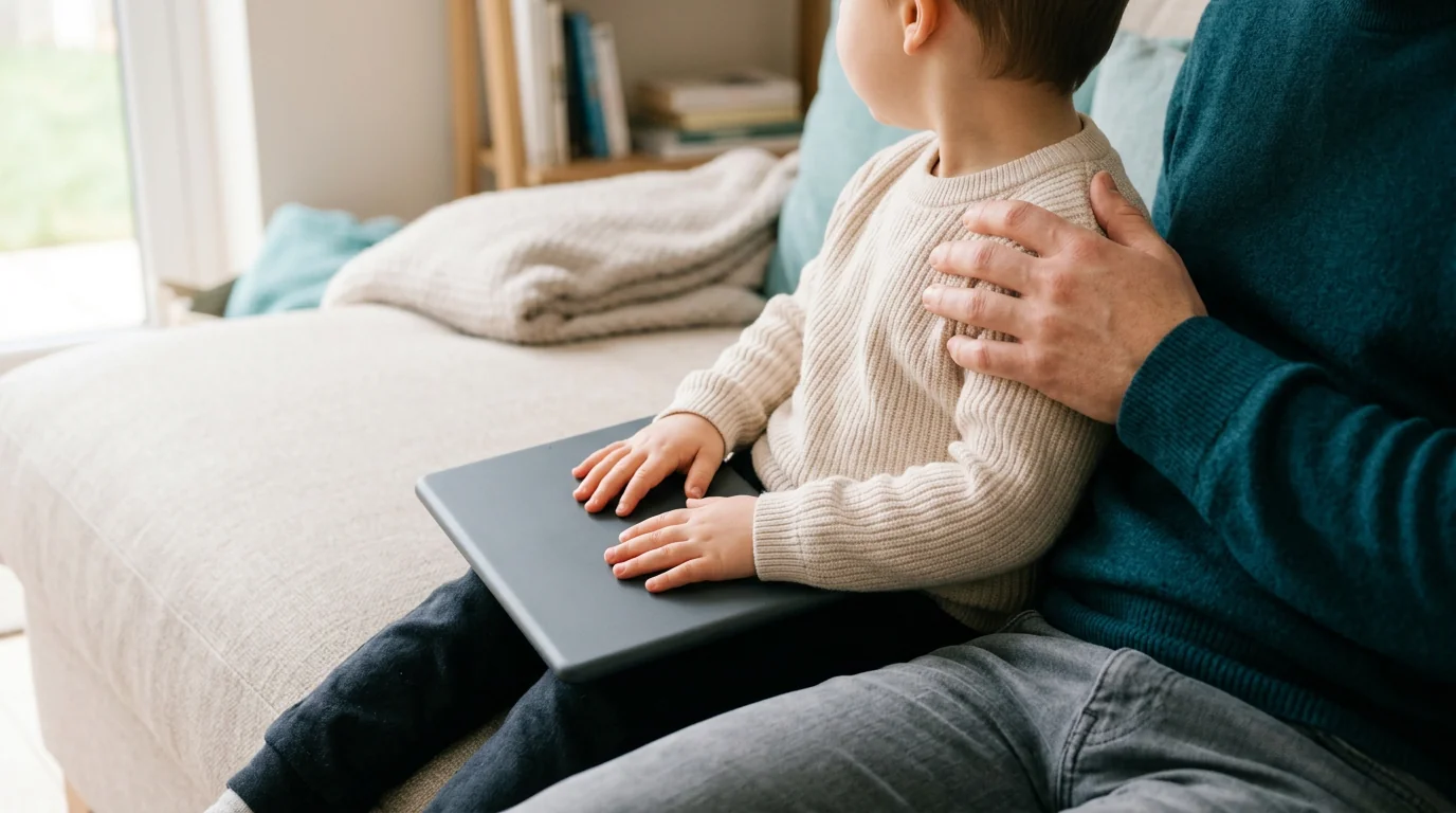 ソファでタブレットを持つ小さな子どものそばに保護者が座っている、サイバーいじめを防ぐために