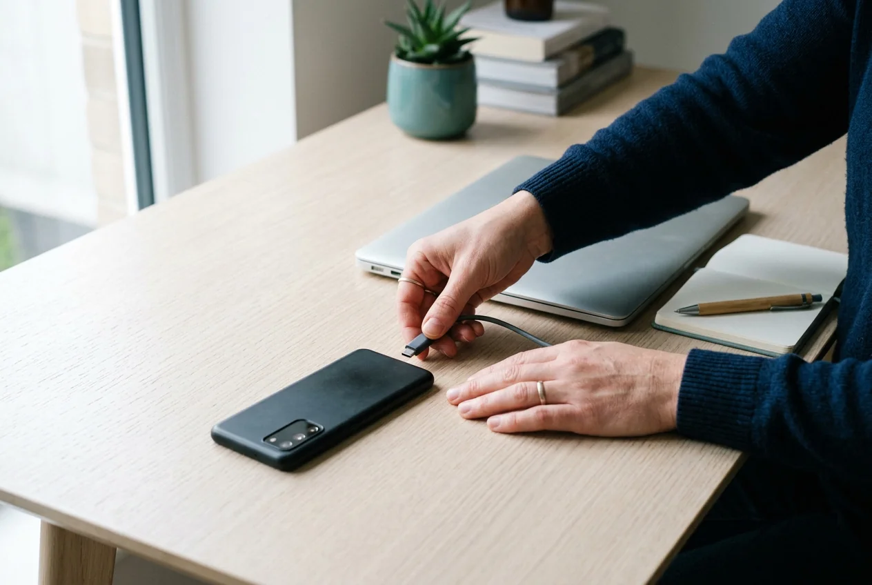 Mani che collegano un cavo a un telefono su una scrivania, come rimuovere un keylogger da Android