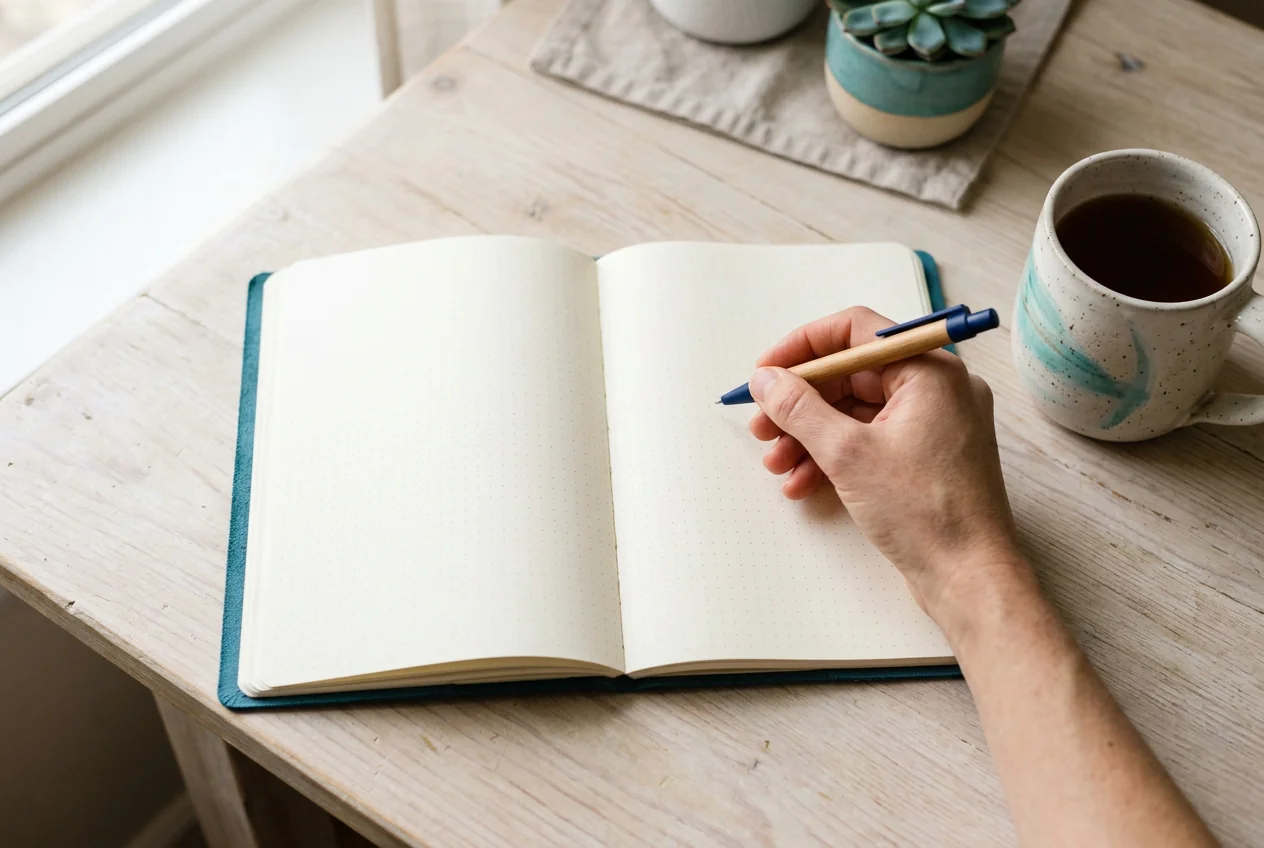 Mano con una penna su un quaderno bianco, i passi successivi dopo i controlli per rilevare un keylogger