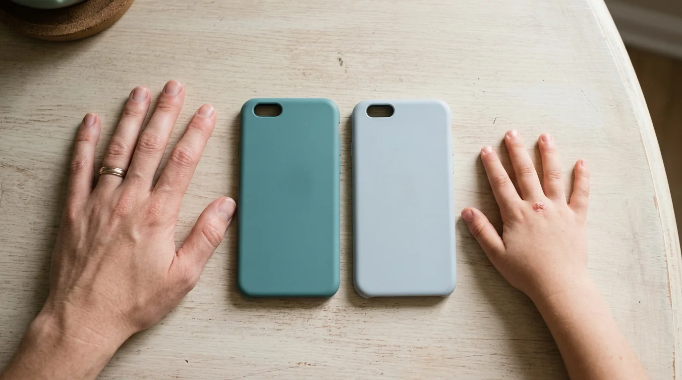 テーブルの上の2台のスマホ、保護者のものと子どものもの、サイバーいじめ予防の一部として
