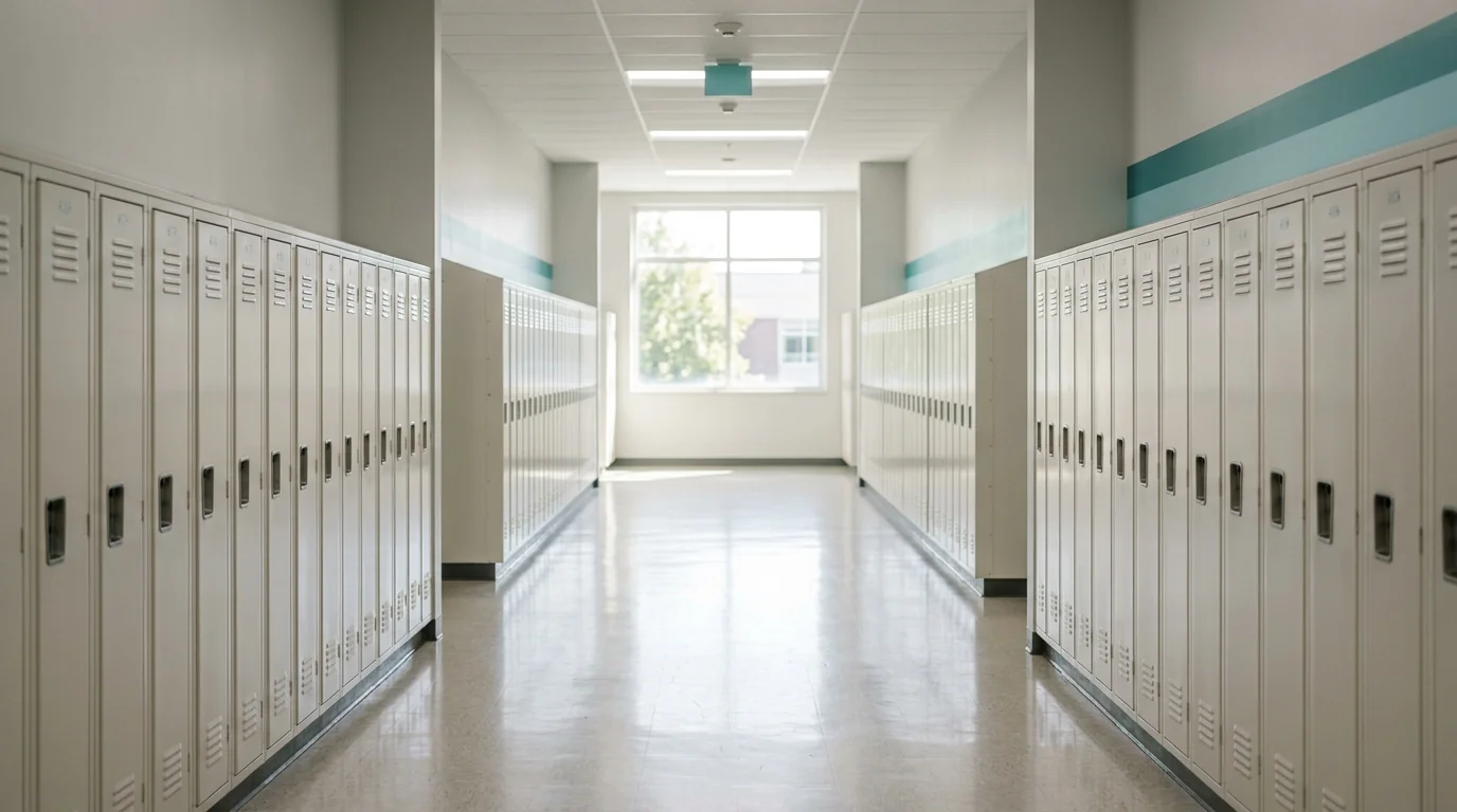 ロッカーが並ぶ誰もいない学校の廊下と、お子さまがいじめられたときの対処法