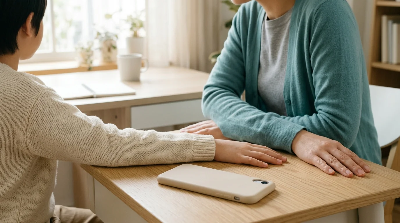 スマホのある机で、子どもと信頼できる大人がいじめに立ち向かうことについて話している