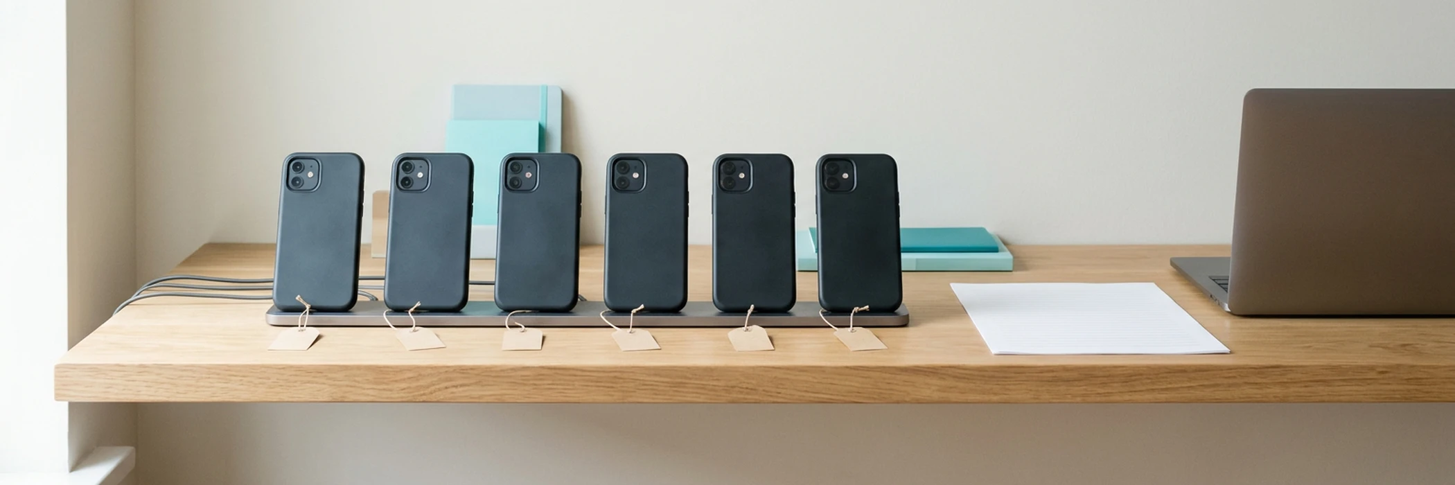 同じ会社支給スマートフォンが棚の上で一列に充電されている。BYODでMDMかMAMかという道筋