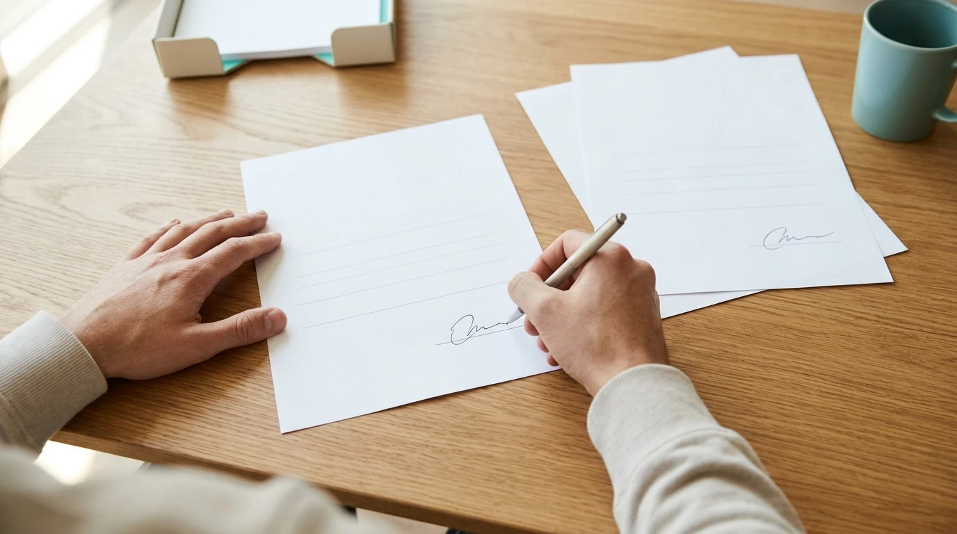 手が印刷したBYOD合意書のテンプレートに署名し、その横に署名済みの控えが2部ある