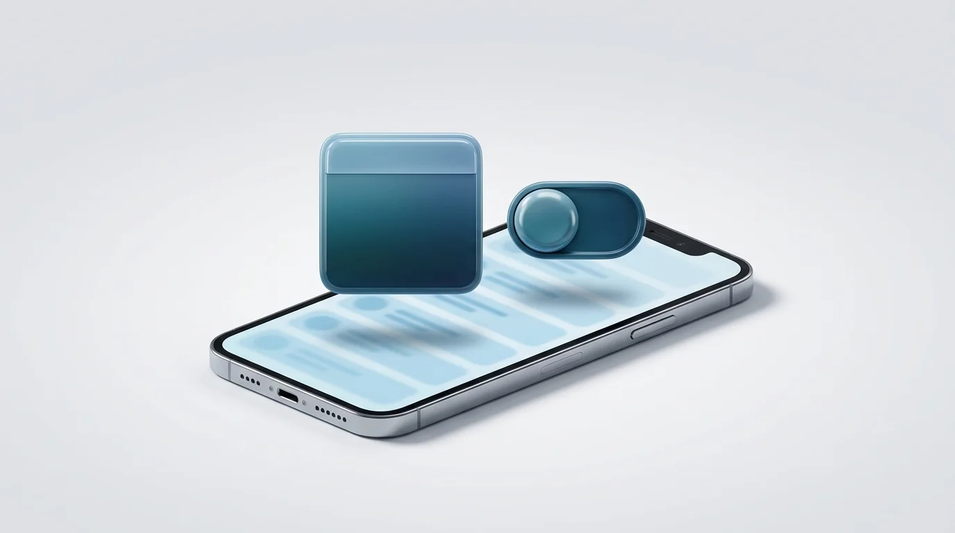 A 3D phone lying flat with a glossy browser-tab card and a switch in the off position hovering above its screen