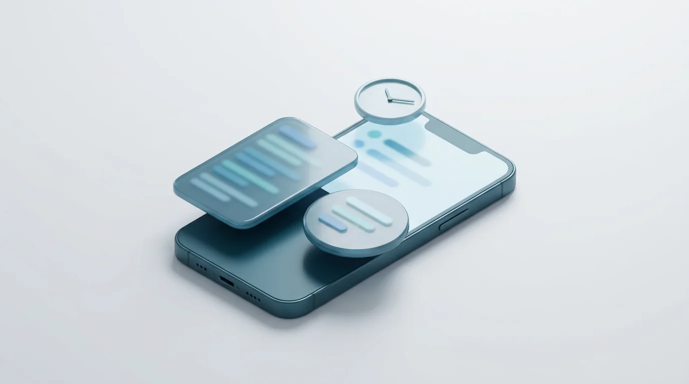 A 3D phone lying flat with a glossy list panel and a small round clock hovering above its screen