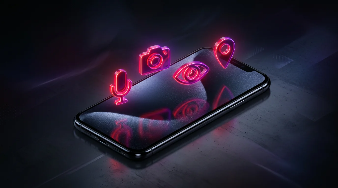 Concept of extreme phone surveillance — microphone, camera, eye, location